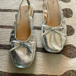 Flat silver sandals with open back by Zara, size 38/7.5US. Like New.